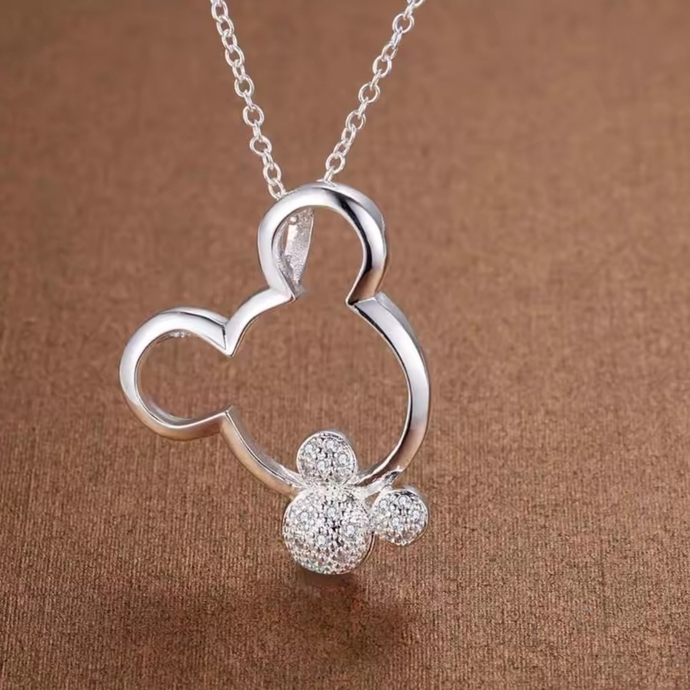 Disney Mickey & Minnie Mouse Silhouette Necklace 925 Silver Plated